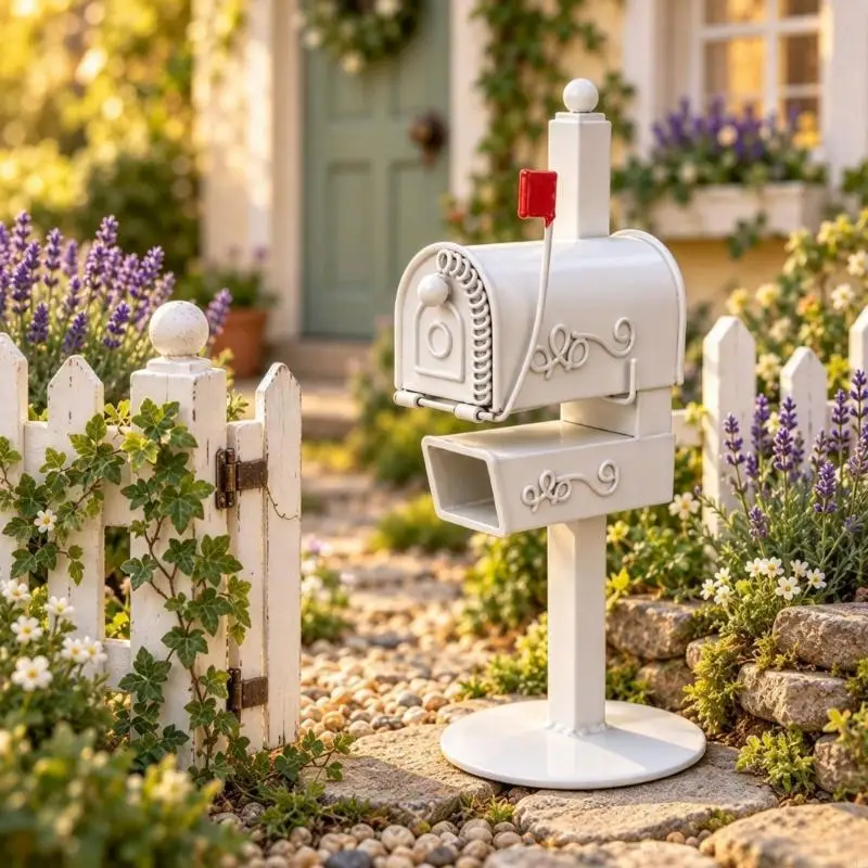 Miniature Model Mailbox Decoration, 1:12 Scale Metal Post Box with White European Styling, Side Marker and Scrollwork for Street