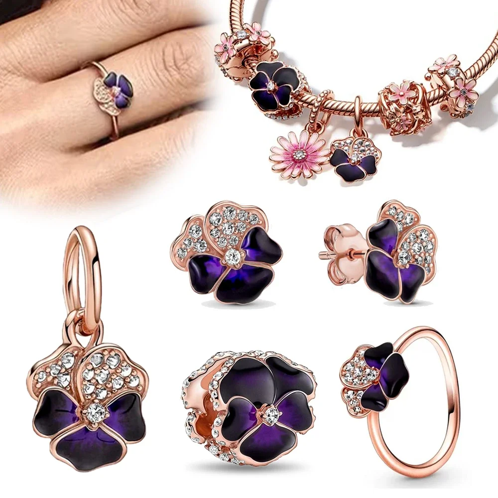 Sterling Silver 925 Dark Purple Three-color Flower Series Ring Earring Fit Original Pandora Bracelet Charm Women Exquisite Gift