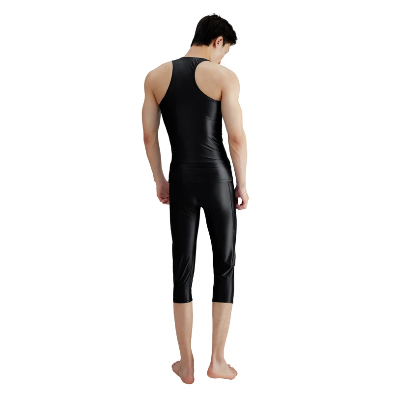 AMORESY Summer Men Shiny Glossy Spandex Sports Sleeveless Tights Vest Breathable Smooth Pullover Running Fitness Tops Undershirt