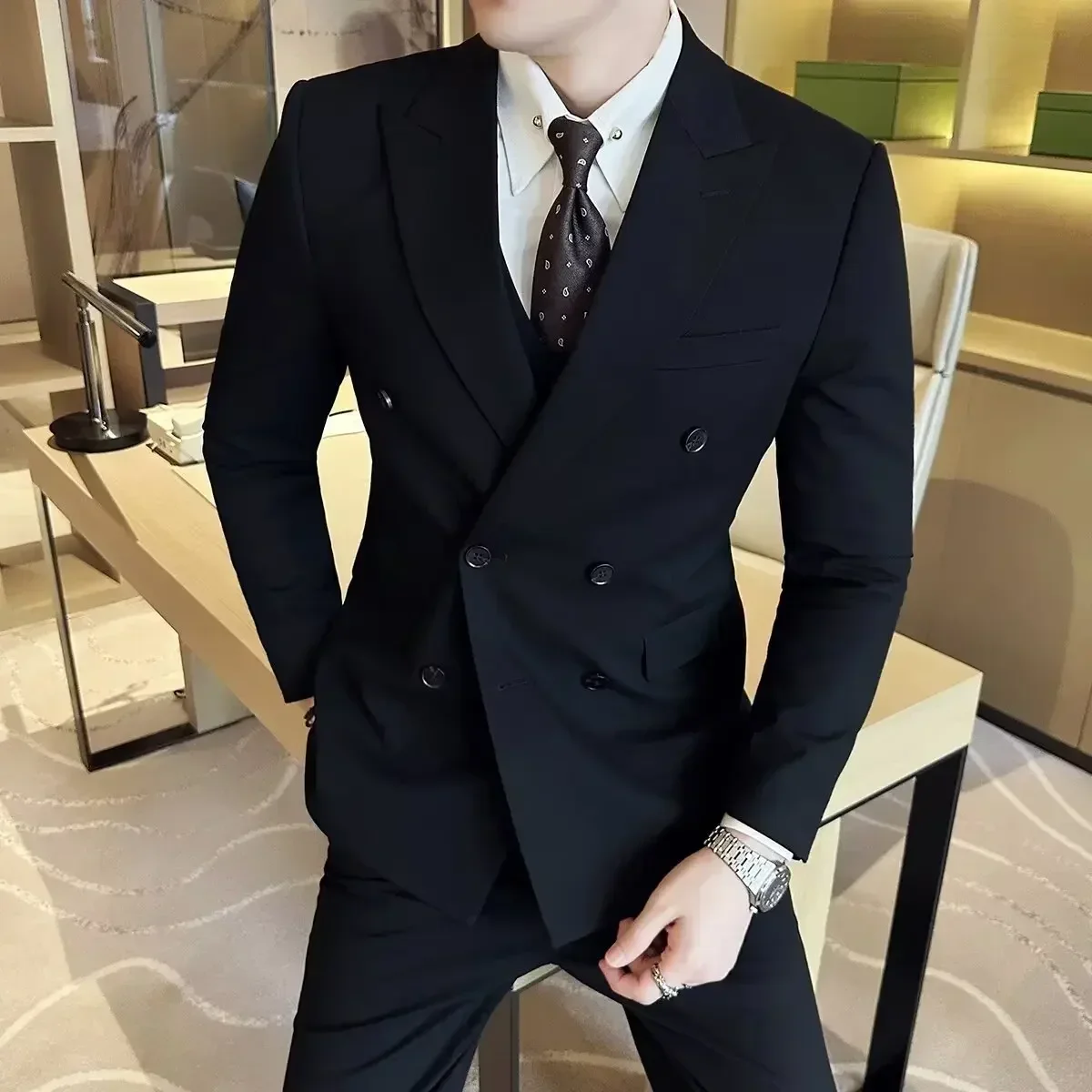 

British Style Trendy Men's Blazer Black Double Breasted Slim Fit Suit Jacket Formal Business Office Groom Wedding Dress S-5XL