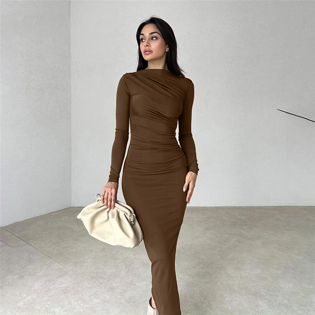 

2025 Spring Elegant Solid O-Neck Patchwork Maxi Dress Women Full Long Sleeves Body-shaping Robe Lady Evening Attirewear Vestidos