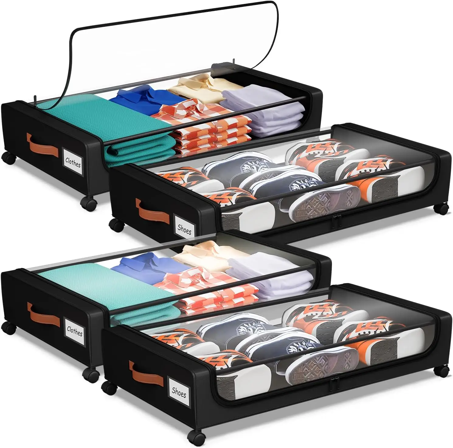 

Under Bed Storage with Wheels, 60L Clear Lid Bins for Clothes Blankets Shoes Books, 4 Pack