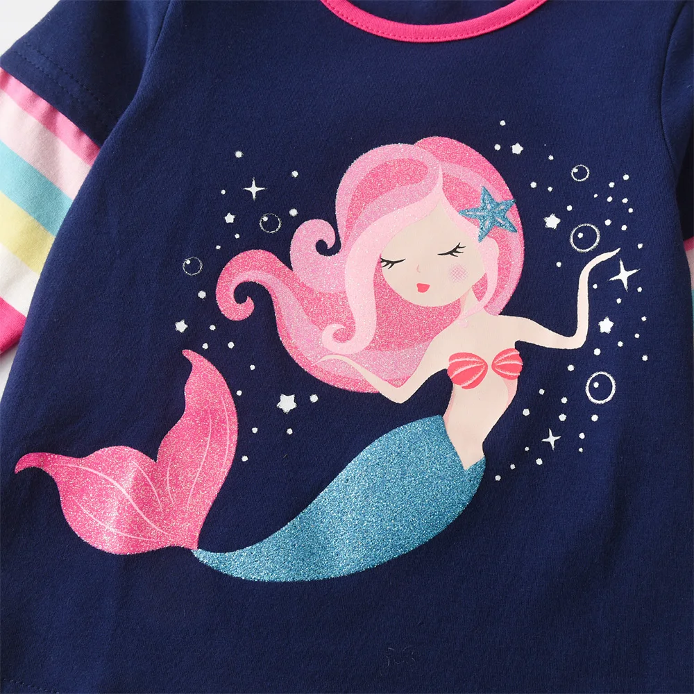 VIKITA Mädchen Langarm Baumwolle Casual Tops und T-Shirts Kleinkinder Meerjungfrau Cartoon Print Marineblau Frühling Herbst Täglich Niedliche Kleidung – Detail 4