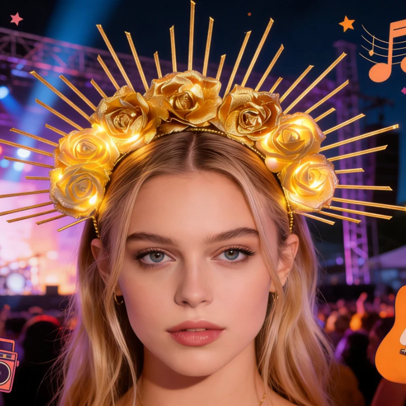 

Glowing Rose LED Halo Crown,Gold Sunburst Light Up Headband for Women Costume Wedding Bridal Photo Prop Goddess Hair Accessories