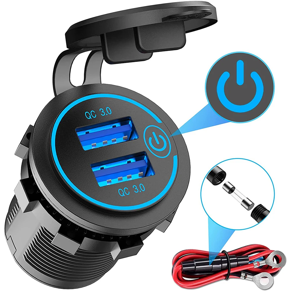 Car Charger Quick Charge 3.0 Dual USB Socket 12V/24V USB Fast Charger Socket Waterproof with Touch Switch Electronic Lighter