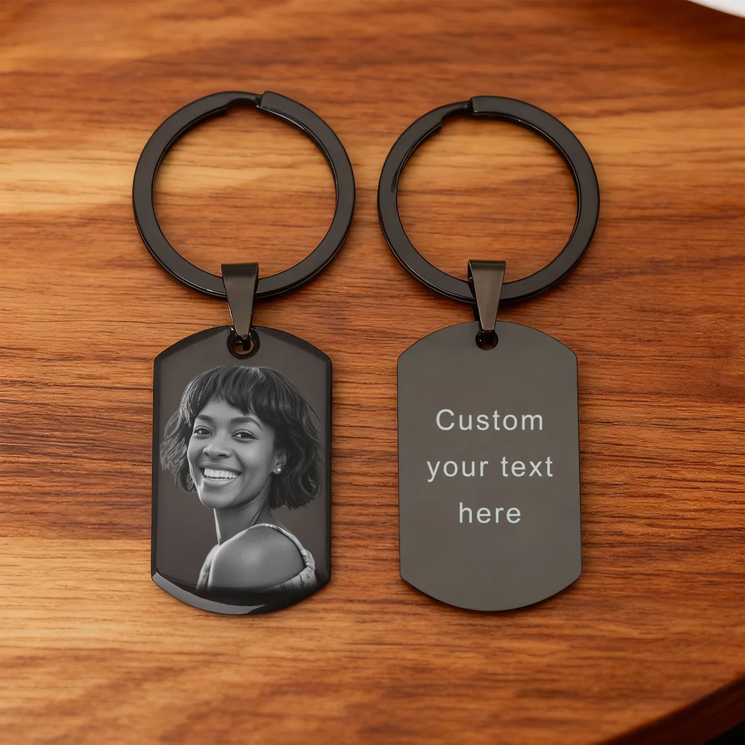 1 Piece Stainless Steel Military Tag Keychain, Simple Black Plated Glossy Finish, Customizable with Photo and Engraving, Suitable as a Couple's Valentine's Day or Birthday Gift