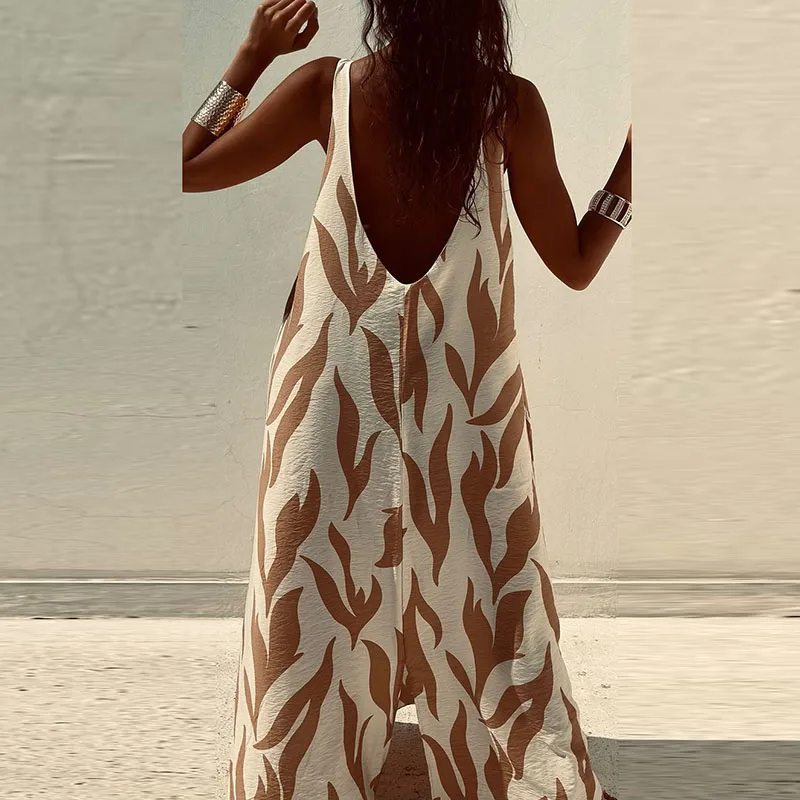 Women Sexy O Neck Backless Party Dress 2024 Spring Printed Loose Boho Long Dress Summer Sleeveless Tank Beach Maxi Dress Vestido