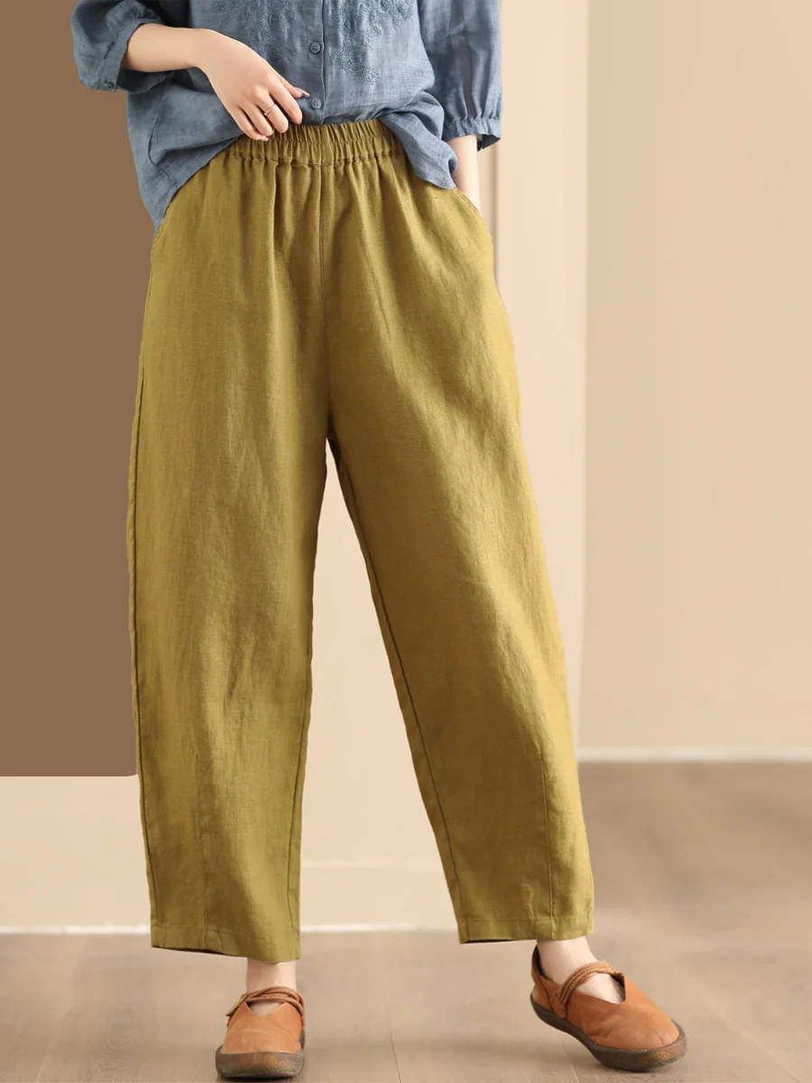 

Women's Casual Pants Elastic Waist Linen Yezhi Wa 420g Thi Straight Leg Loose Fit Slimming Effect Long Commute Sle