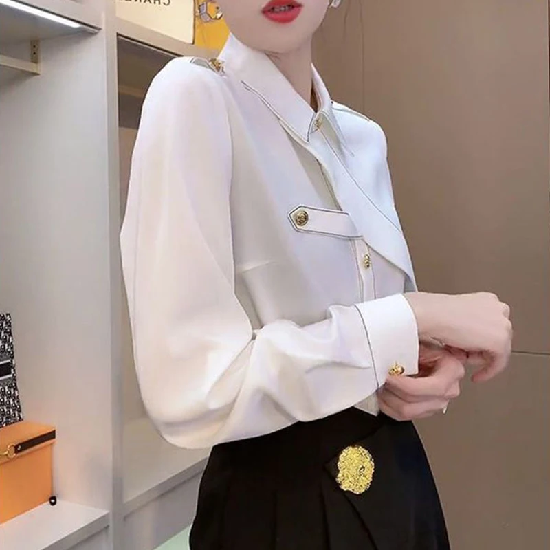 Women Korean Fashion Vintage Elegant Button Shirts Office Lady Asymmetrical Design Blouse Long Sleeve Tops Spring Autumn Blusas