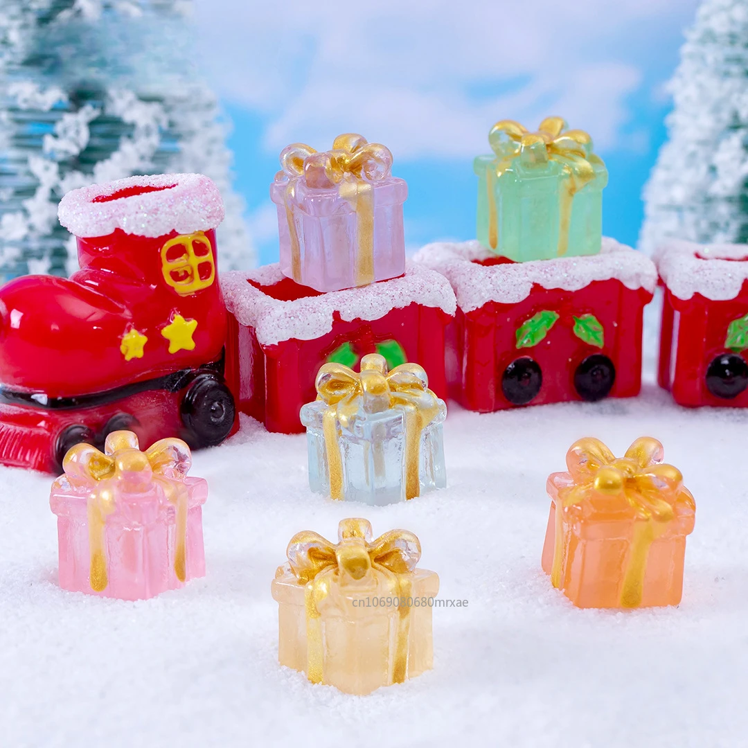 Luminous Mini Christmas Gift Box Resin Simulation Cute Gift for Kids Children Desk Dollhouse Christmas Home Decoration