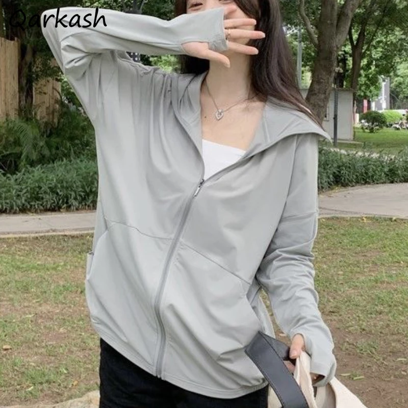 Sunscreen Jackets Women Hooded Streetwear Summer Girl Front Pocket Simple Vintage Mujer Outwear Clothing Zipper Thin All-match