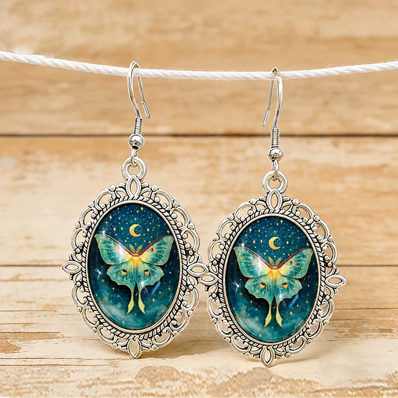 Luna Moth Glass Oval Drop Earrings Antique Silver Style Starry Night Boho Pendant Jewelry Accessories Gift For Women Girls