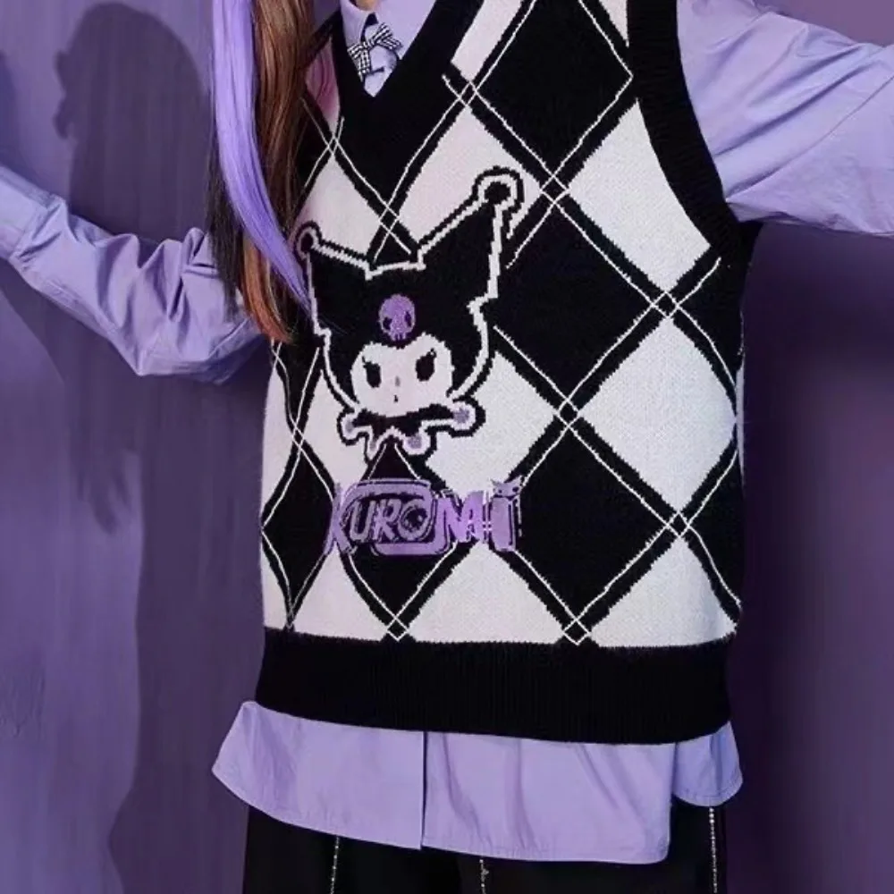 Sanrio Kuromi V Neck Sweater Vest Kawaii Anime Women School Uniform Sleeveless Knit Sweaters Pullover Tank Tops Gift