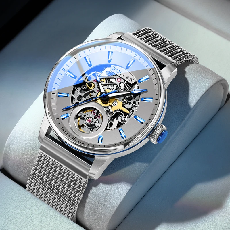 Luxury SOLLEN Men's Automatic Mechanical Watch Waterproof Luminous Hands Dual Skeleton Design Full Steel Mesh Band Clocks SL208
