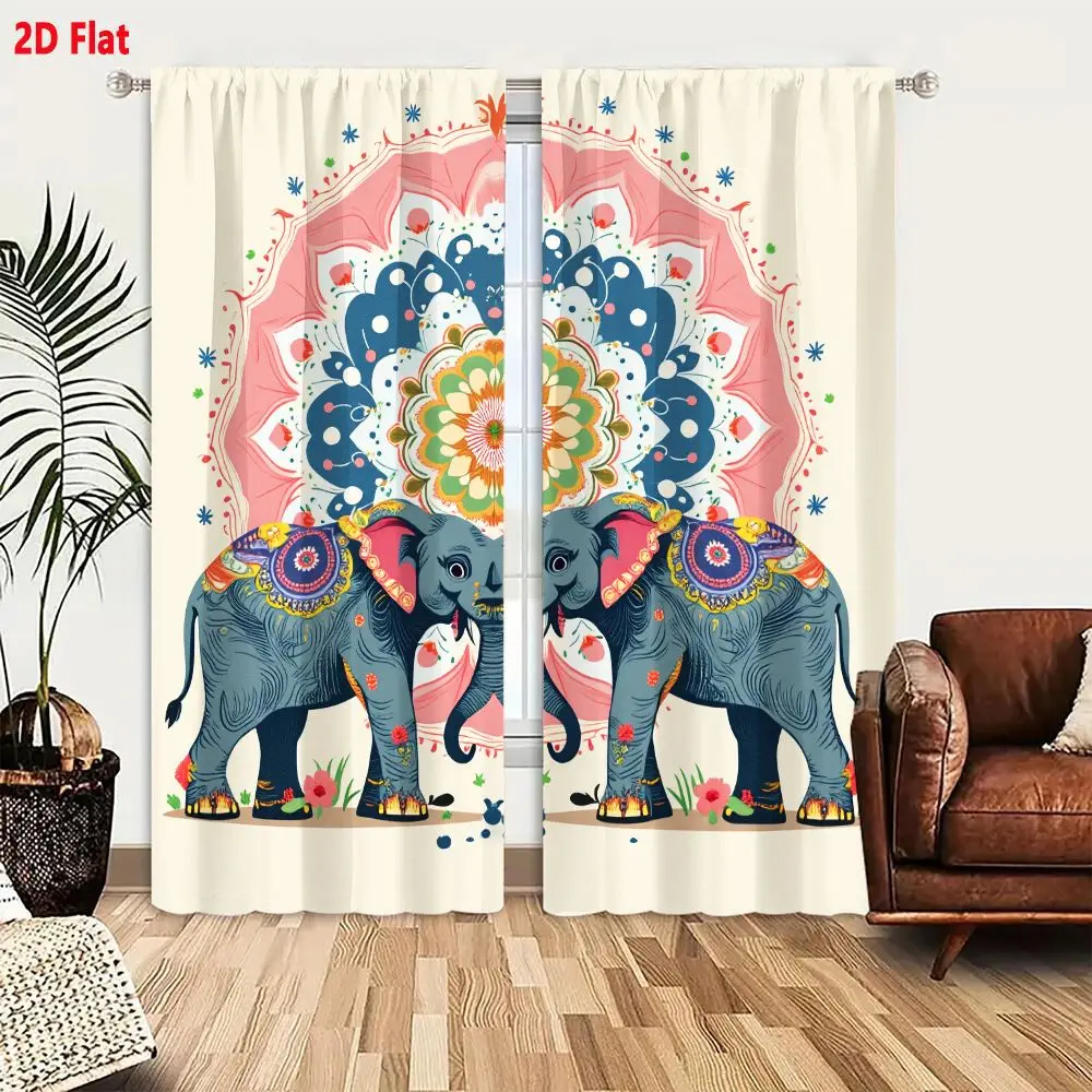 2Pcs Curtains 2D Flat Vibrant Symmetrical Elephants With Intertwined Trunks And Colorful Patterns Against Ornate Mandala Backgro
