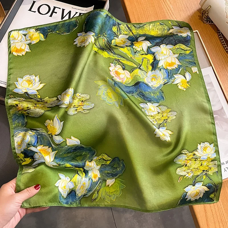 2023 New 100% Real Silk Square Scarf for Women Floral Print Luxury Nature Silk Neckerchief Female Bag Ribbon Hairband Bandana