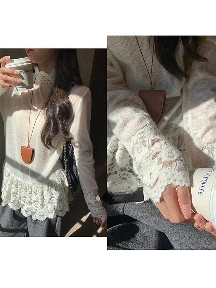 

Женская зимняя базовая кофта из бархата с кружевной отделкой, высоким воротником и длинными рукавами, для повседневной носки, в корейском стиле V-образного выреза.