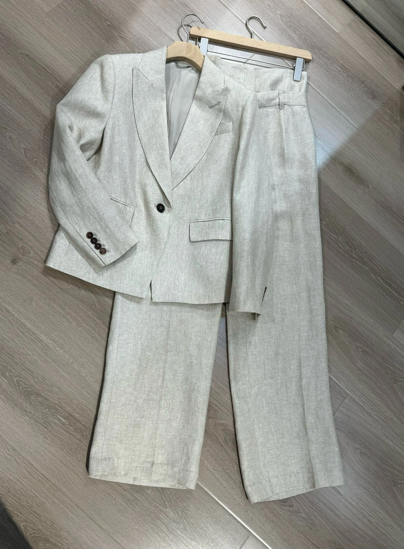 

Woman Spring and Autumn New Linen Herringbone Slim Suit Jacket + High Waisted Straight Trousers Two Piece Set Women