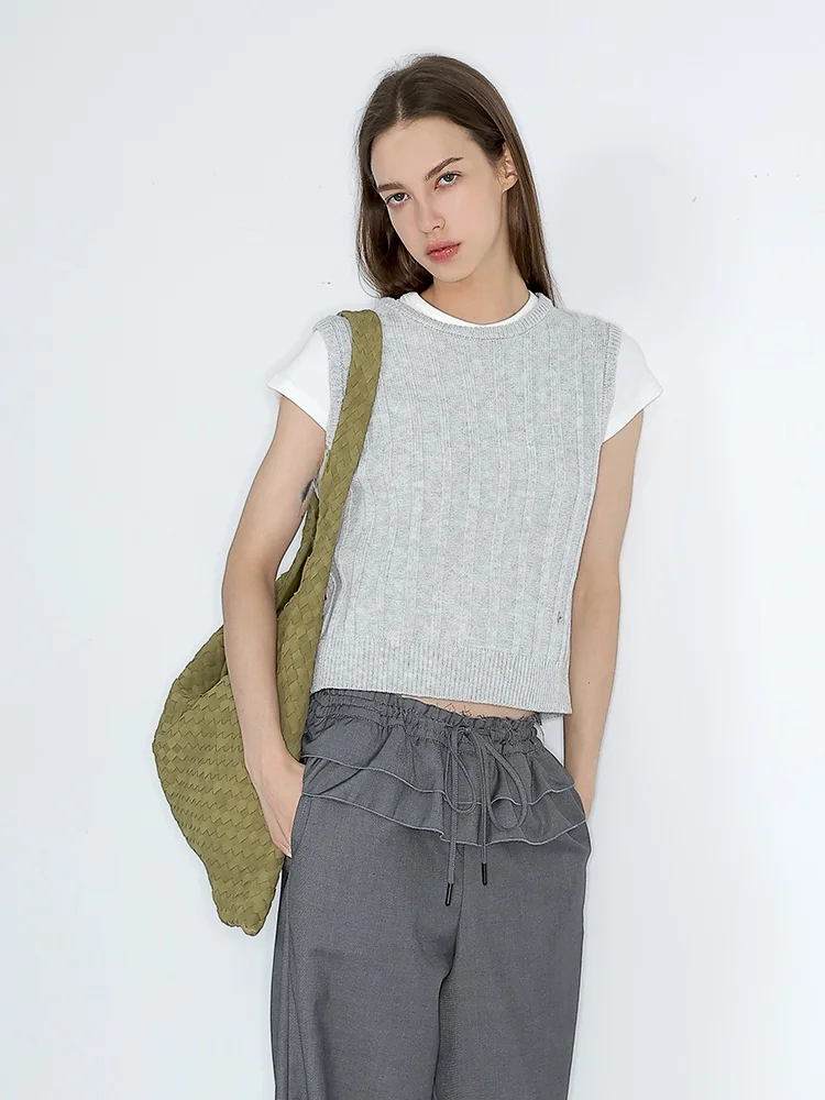 

JDE ey полосатый свободный круглый жилет Ne Svel женский летний повседневный простой топ из нейлоновой акриловой шерсти, смесь ор длина