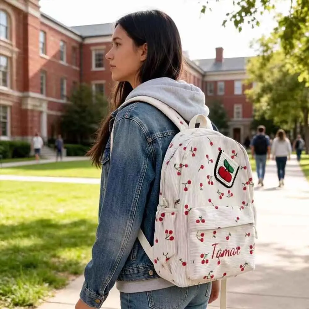Handmade Custom Corduroy Backpack with Strawberry Design Student Laptop Bag for Youth with Multiple Pockets Embroidered Campus B