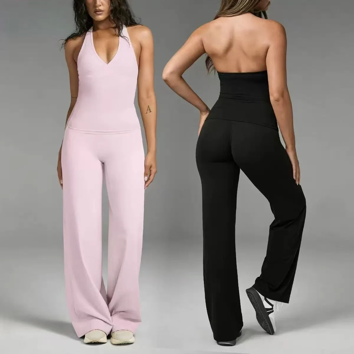 Neck-wrap yoga set with micro-ruffled pants for women, suitable for slim fit and outdoor running and fitness activities