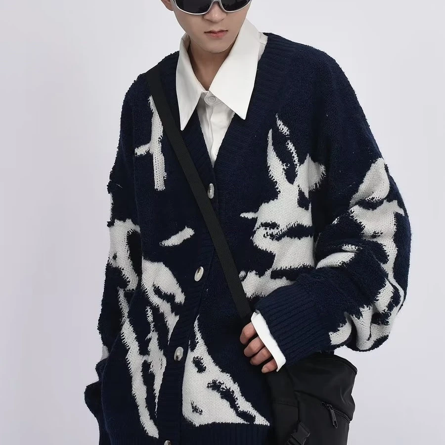 

Loose Men's Knitted Sweater V-Ne Retro American Sle for Autumn Winter plus Size 300 Pou Couple's Open Cardigan Top