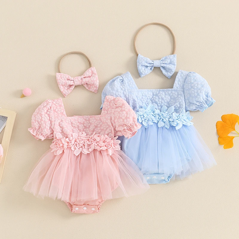 

0-18 M Infant Baby Girls Summer Romper Dress with Bow Headband 3D Flower Short Puff Sleeve Square Neck Tulle Jumpsuit Chic Cute