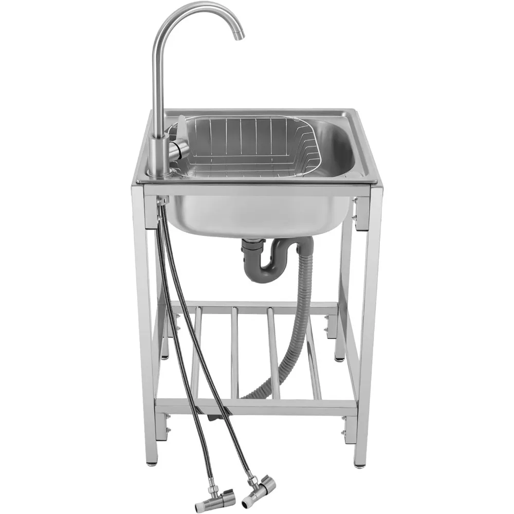 

Stainless Steel Sink 1 Compartment Utility Sink with Hot & Cold Dual Control Faucet, Freestanding Outdoor Kitchen Sink Commercia