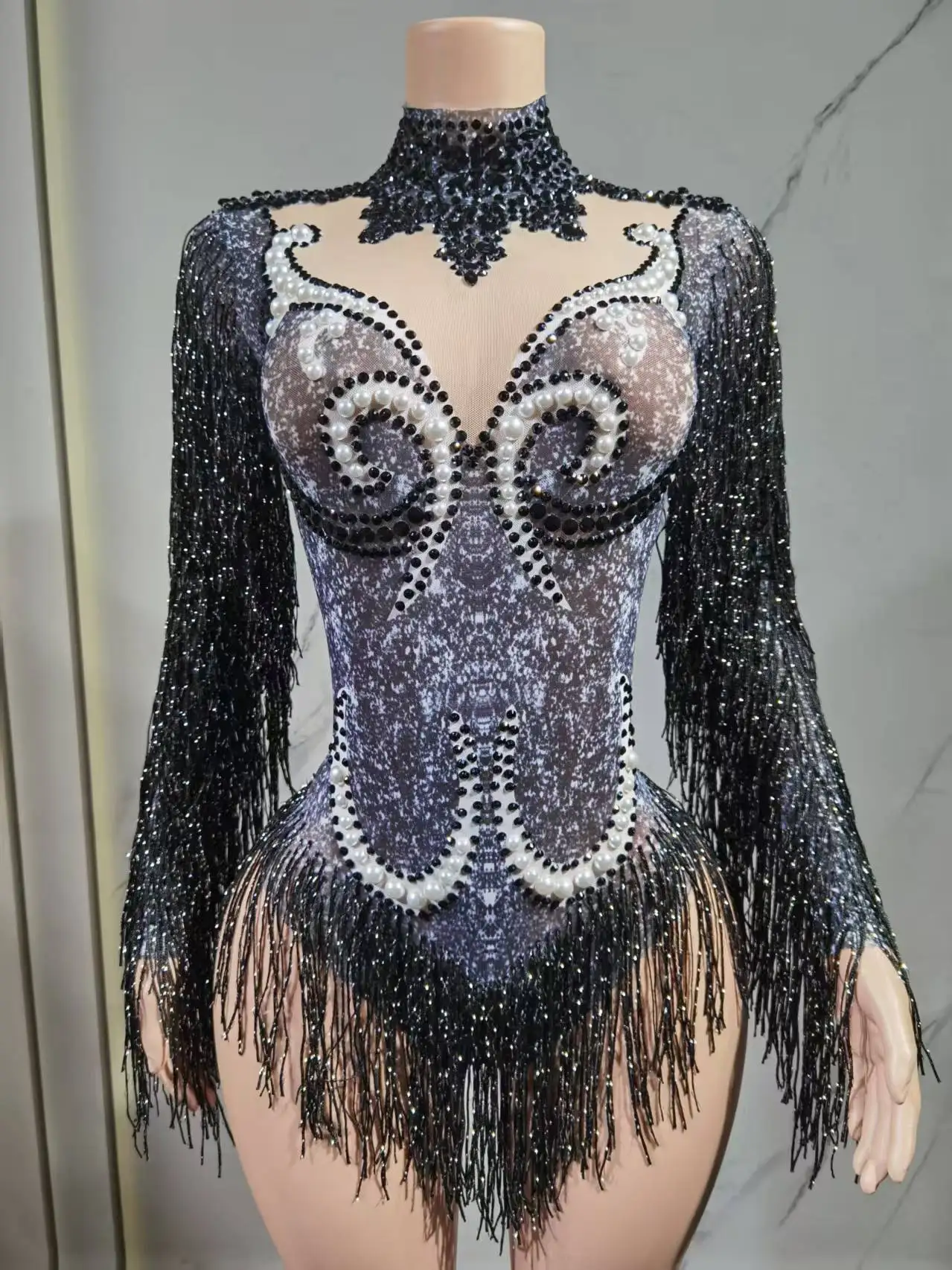 Luxe grijze franje zilveren strass parels transparante bodysuit dames dansshow kostuum verjaardagsfeestje outfit