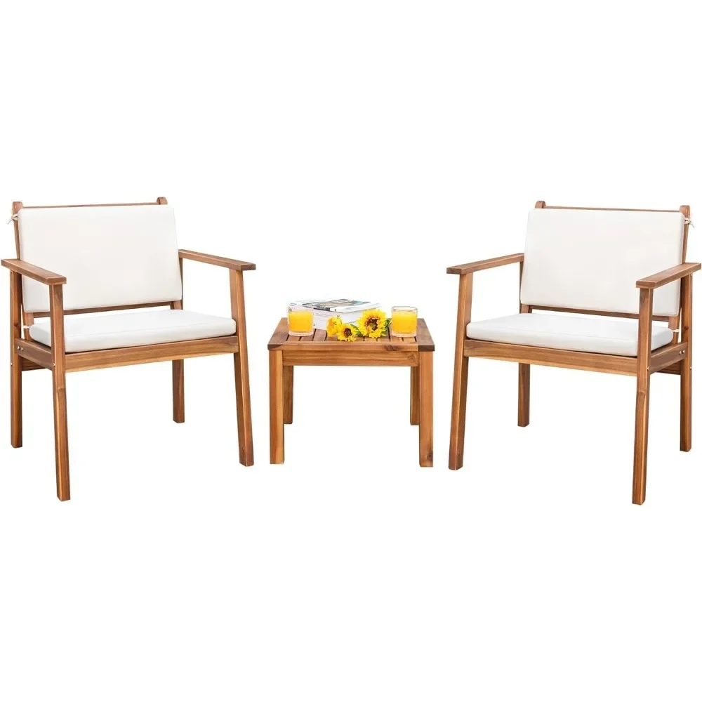 Patio Set 3 Piece Acacia Wood Outdoor Furniture Conversation Seat with Table & Cushions Porch Chairs for Balcony