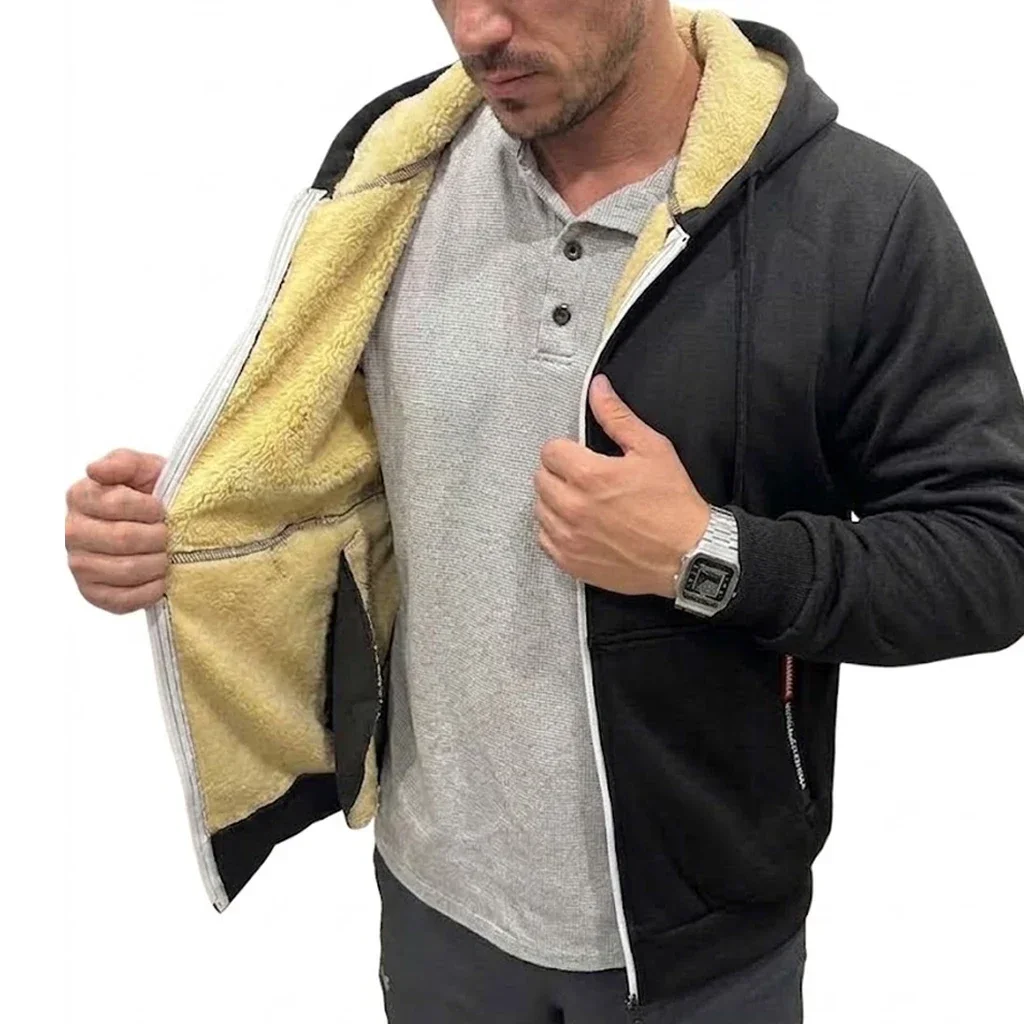 Neue Herren-Hoodie-Jacke mit Reißverschluss und Sherpa-Futter, Warme Dicke Winter-Fleece-Kapuzenjacke, Thermisches Freizeit-Oberbekleidungsstück, Schwergewichtiger Mantel – Detail 5