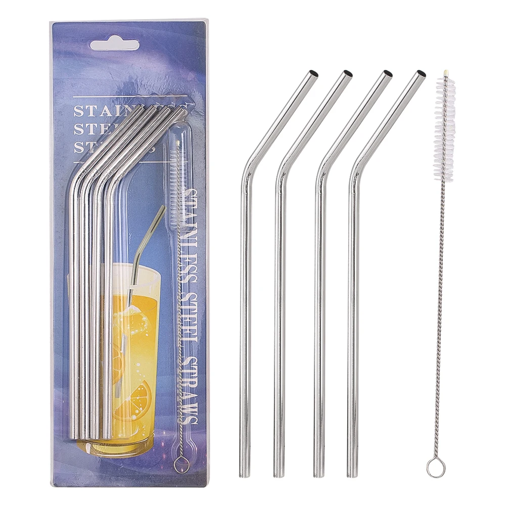 Stainless Steel Bent Drinking Straws Reusable Metal Smoothie Iced Coffee Juice Eco-Friendly Tube with Cleaning Brush 4PCS Set