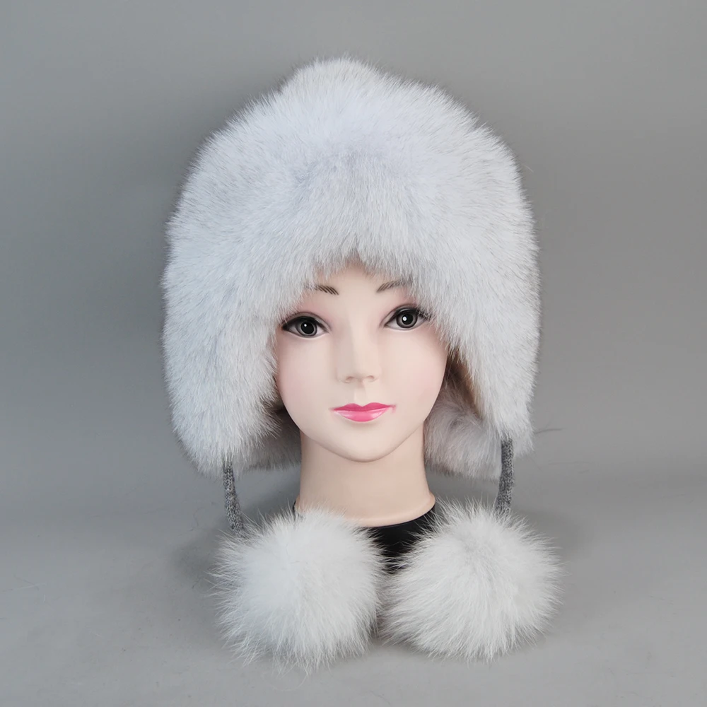 2024 New Style Winter Bomber Cap Elastic Women Natural Real Fox Fur Hats Fluffy Warm Fashion Stylish Knitted Pompom Girl Fur Hat