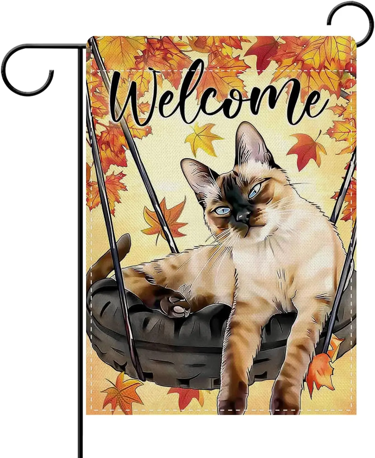 Dyrenson Welcome Fall Siamese Cat Decorative Garden Flag, Autumn Swing Maple Leaves Yard Outside Home Decoration Pet Owner L yyi