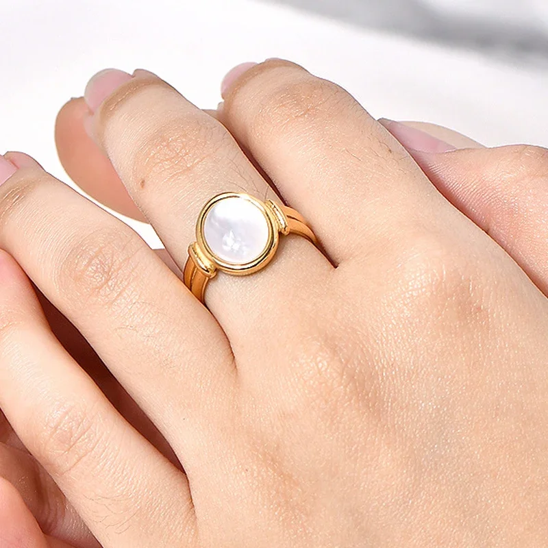 Fashion Vintage Stainless Steel Shell Oval Ring For Women Girl  Non Tarnish Elegant Charm Party Jewelry