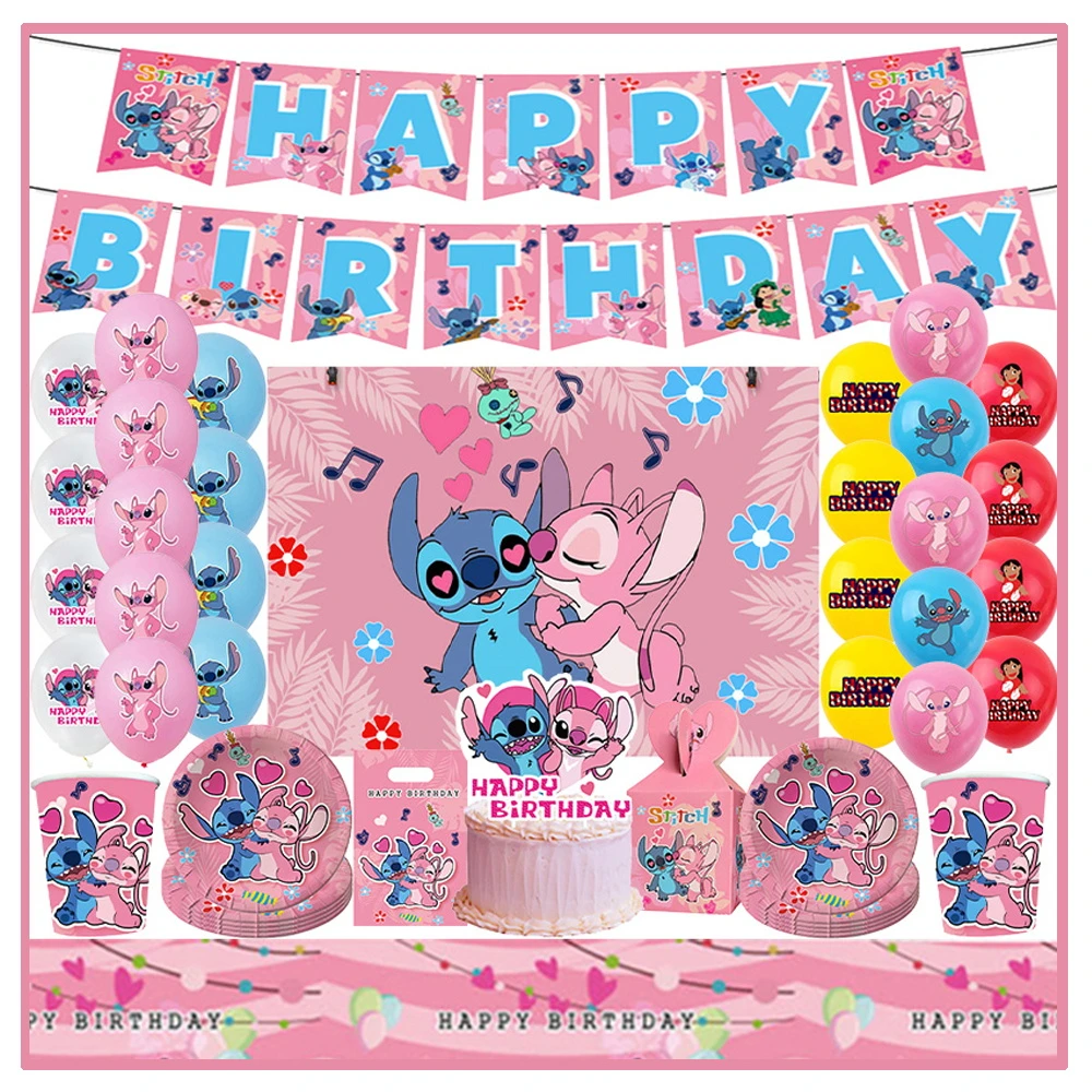 Disney Stitch Birthday Party Decorations Pink Lilo&Stitch Theme Paper Napinks Cups Plates Balloons Supplies Baby Shower for Kids