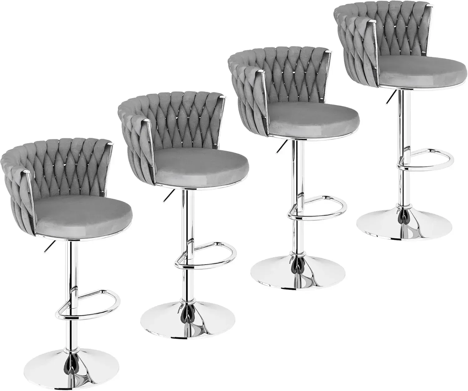 Grey Velvet Bar Stools Set of 4,Modern Swivel Bar Chairs Counter Height Bar Stool with High Backrest