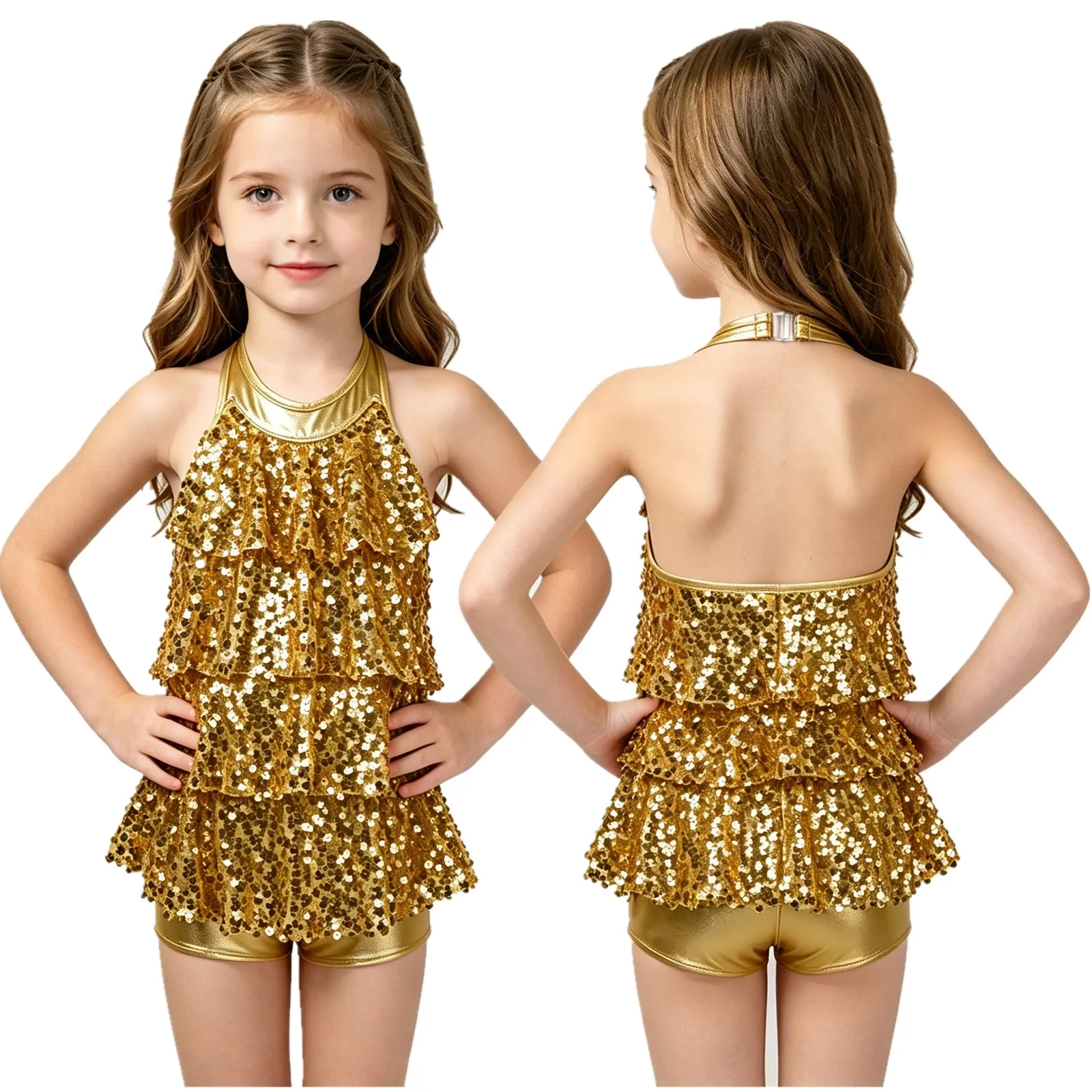 Kids Girls Halter Shiny Sequin Ballet Gymnastics Bodysuit Dress Modern Latin Jazz Dance Skating Acrobatics Performance Dancewear