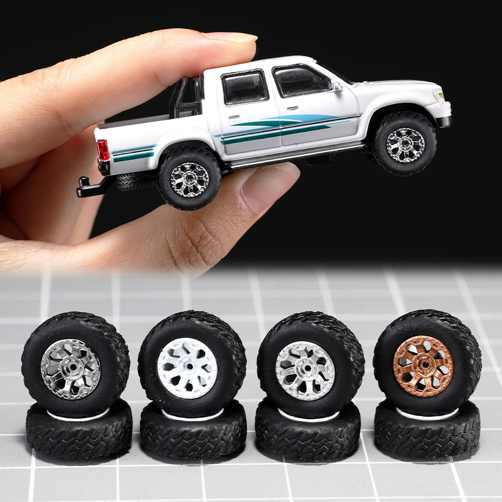 1:64 4 sets All-terrain Tires Model Car Wheels with Rubber Tire Rivet Axle Diameter 13mm Refitting Parts For Hot Wheels Model