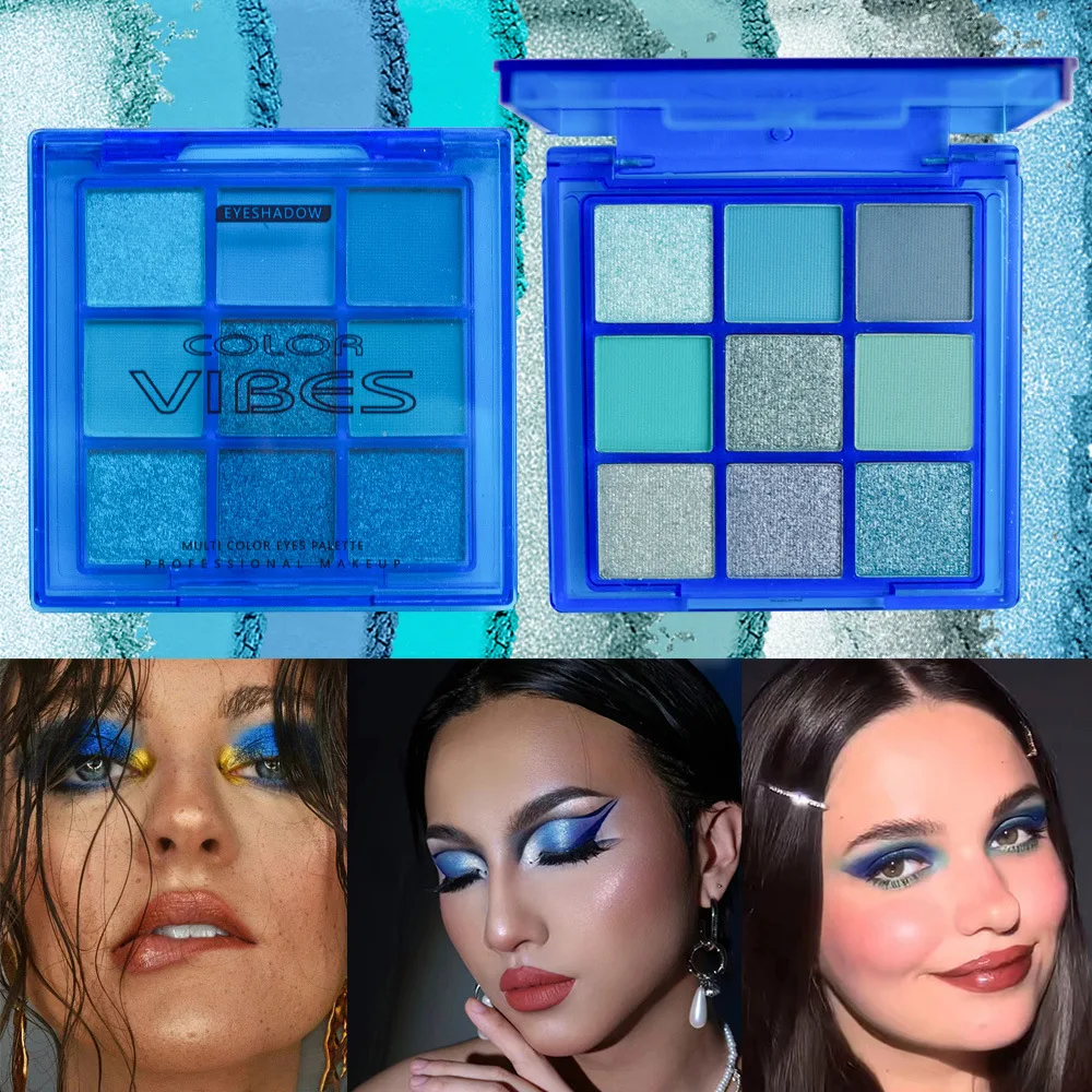 9‑Color Cool Blue Eyeshadow Palette, Matte Shimmer Teal Glitter Eye Makeup Palette, High Pigment for Party Stage Cosplay