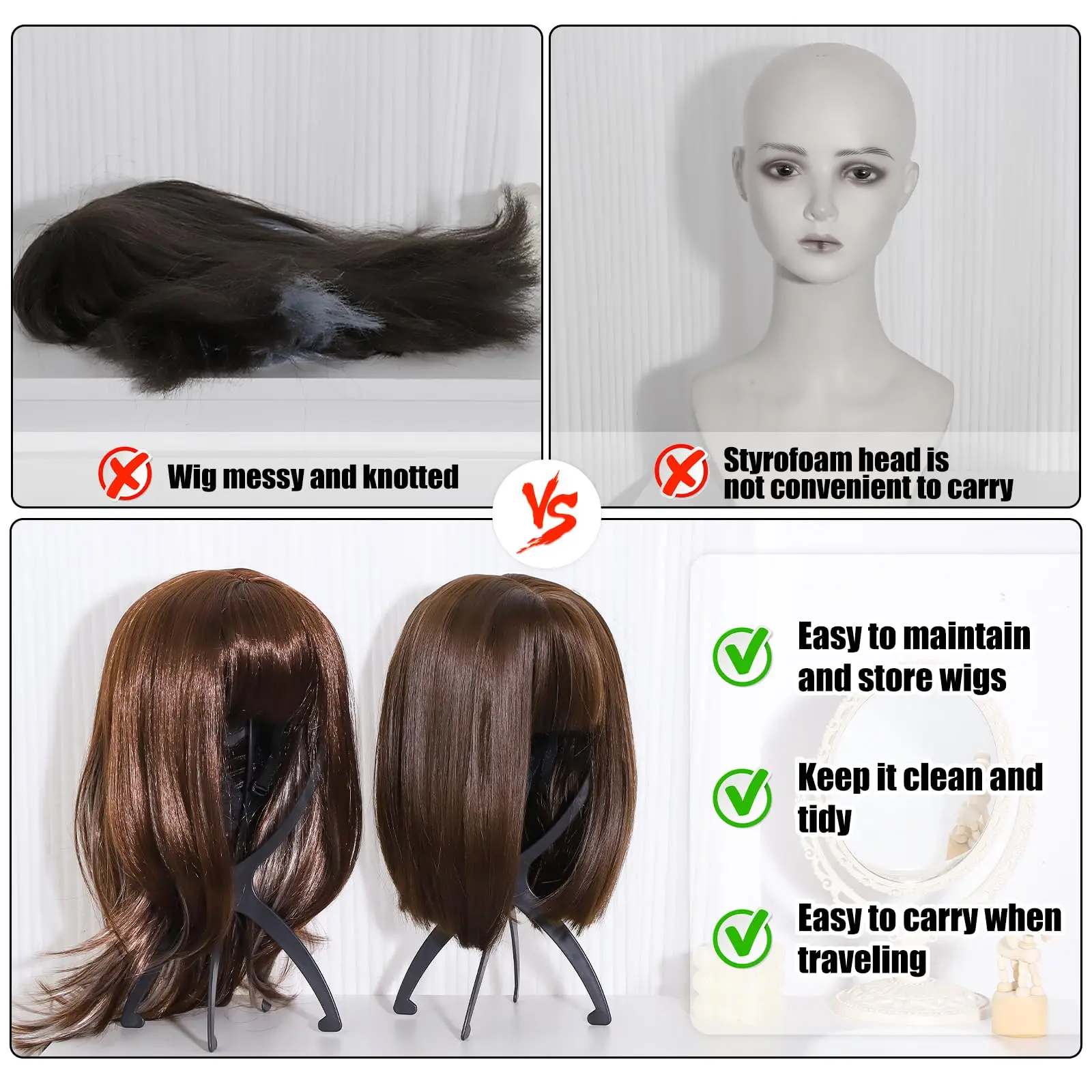 1/2/3 Stück Faltbarer Perückenständer aus Kunststoff, Tragbarer Hutständer, Verstellbarer Langlebiger Friseursalon-Modellhalter für Zuhause und Salon – Detail 5
