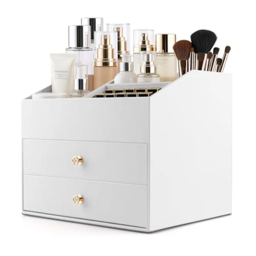 

Makeup Organizer with Drawers, PU Leather Cosmetic Storage Box Large Cosmetic Display Case for Skincare, Lipstick, Brushes, Bed