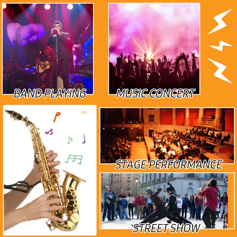 Saksofon sopranowy Bb Saksofon mosiężny ze złotym lakierem i etui na instrumenty Ustnik Pasek na szyję Czysta szczotka materiałowa dla początkujących muzyków