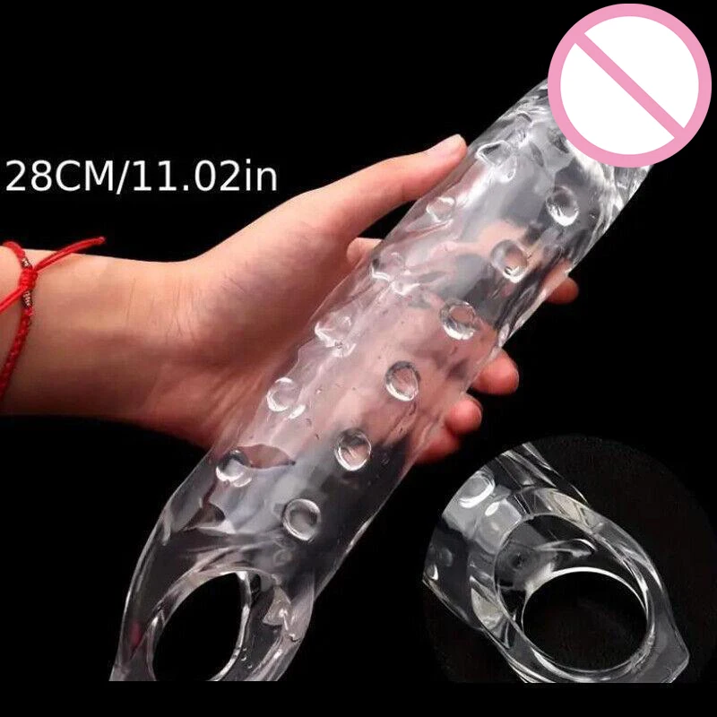 Manga extensora de pene transparente de 11 pulgadas, condón reutilizable, manga realista más grande, anillos para el pene, retraso de la