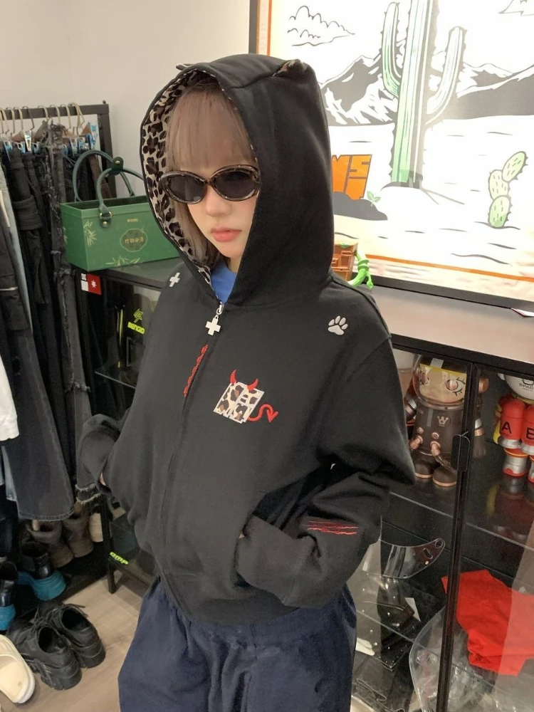 Herfst Esthetische Vintage Hoodies Vrouw Lange Mouw Retro Fashion Hot Chick Luipaard Tops Vrouwelijke Chic Design Casual Losse Jas Nieuw