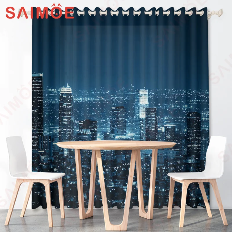 Modern City Light Curtains Night View Sunset Building River Custom Thin Polyester Fabric Office Background Decoration with Hooks