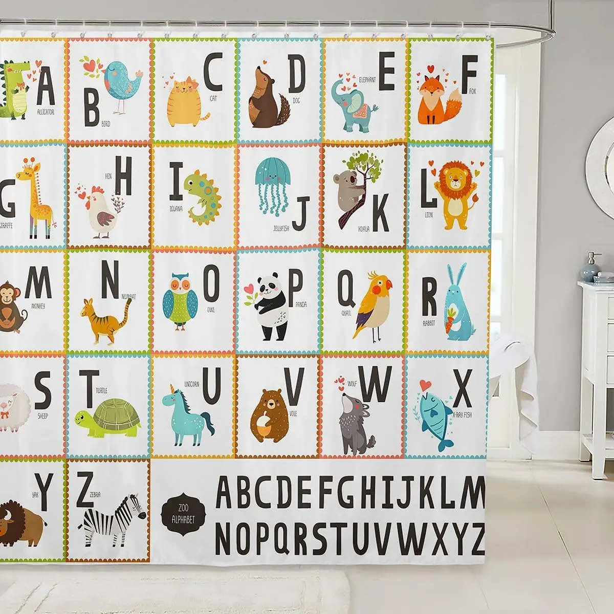 Cute ABC Alphabet Animal Kids Shower Curtain for Bathroom Nursery Educational Decor Polyester Waterproof Bath Curtain