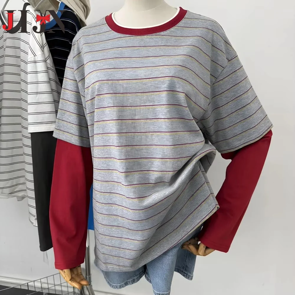 Fake Two Pieces Colour Blocking Striped Blouse Pullover Sweatshirt 2024 Tops Autumn Y2k Clothes Spring Hoodies Women'S Clothing