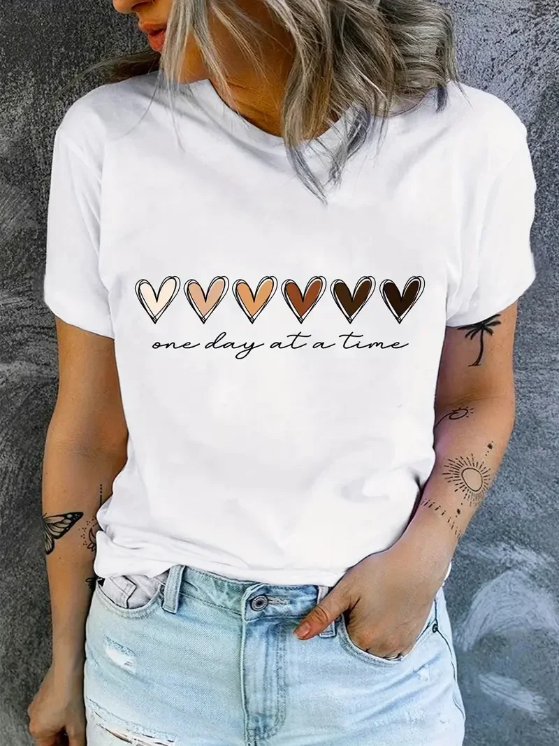 Women Comic T Shirt One Day At A Time Print Tee, Short Sleeve Summer Casual Top, Women's Clothing Graphic Streetwear T Shirt