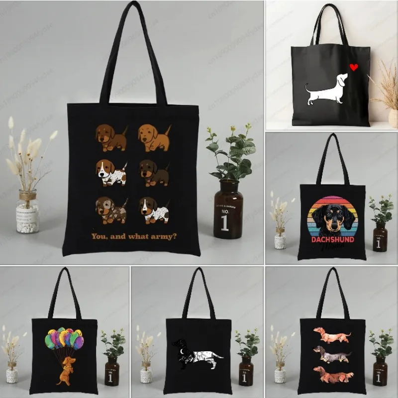 닥스훈트 테켈 귀여운 강아지 캔버스 토트백 프린트된 만화 재사용 가능한 천 가방 핸드백 쇼핑 숄더백 여성용 핸드백